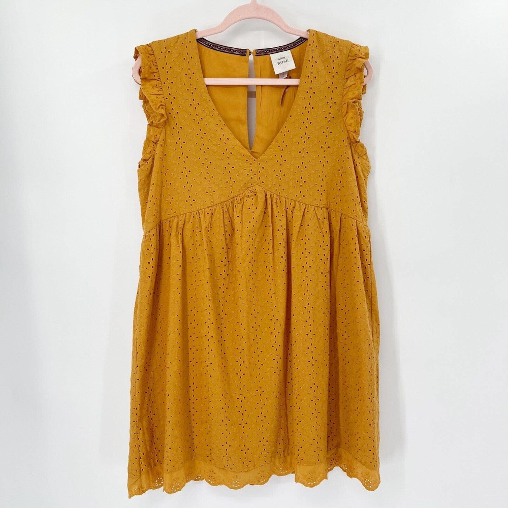 Knox Rose Eyelet Ruffle A-Line Mini Dress Sz S Yellow Mustard V-Neck Flutter Slv